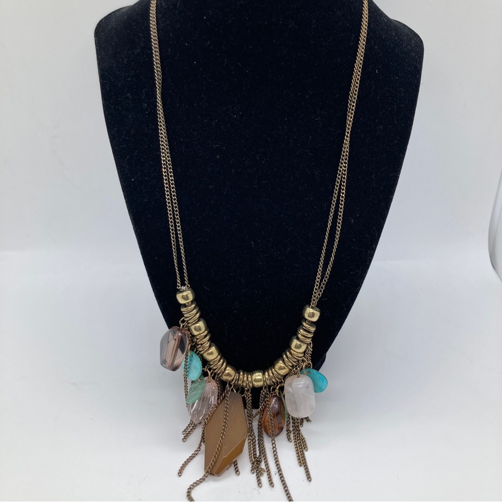Boho Fringe Necklace Brass Color Faux Crystals - Picture 2 of 5